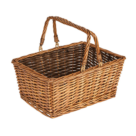 Household Essentials Woven Market Basket, Handwoven Willow Weave, Stylish Handles with Durable Metal Anchors, Classic and Versatile, Attractive, Spacious, Lightweight, Brown Stain Household Essentials