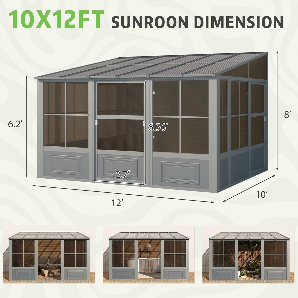 EROMMY 10' x 16' Sunroom, Wall Mounted Gazebo Solarium with Aluminum Frame, Polycarbonate Roof, Permanent Sun Room with Sliding Doors, Lockable PC Screen Walls, Lean to Gazebo for Garden, Patio, Deck EROMMY