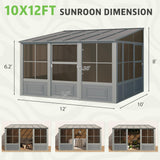 EROMMY 10' x 16' Sunroom, Wall Mounted Gazebo Solarium with Aluminum Frame, Polycarbonate Roof, Permanent Sun Room with Sliding Doors, Lockable PC Screen Walls, Lean to Gazebo for Garden, Patio, Deck EROMMY