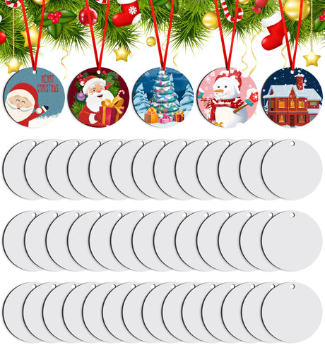 Duufin 50 Pieces Sublimation Ornament Blanks 2.75" Round Blank Sublimation Ornaments Sublimation Christmas Ornament Blanks for Christmas Tree Décor, Heat Transfer Print DIY Craft(2.75 inches) Duufin