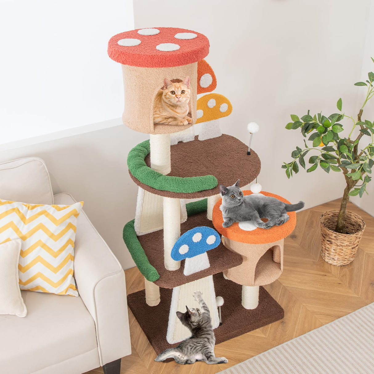 Tangkula Mushroom Cat Tree, Multi-Level Cute Cat Tower with Full-Wrapped Sisal Posts, Scratching Boards & Interactive Balls, 2 Cat Condo, Flower Cat Tree Tower for Indoor Cats Large Adult (57.5 Inch) Tangkula