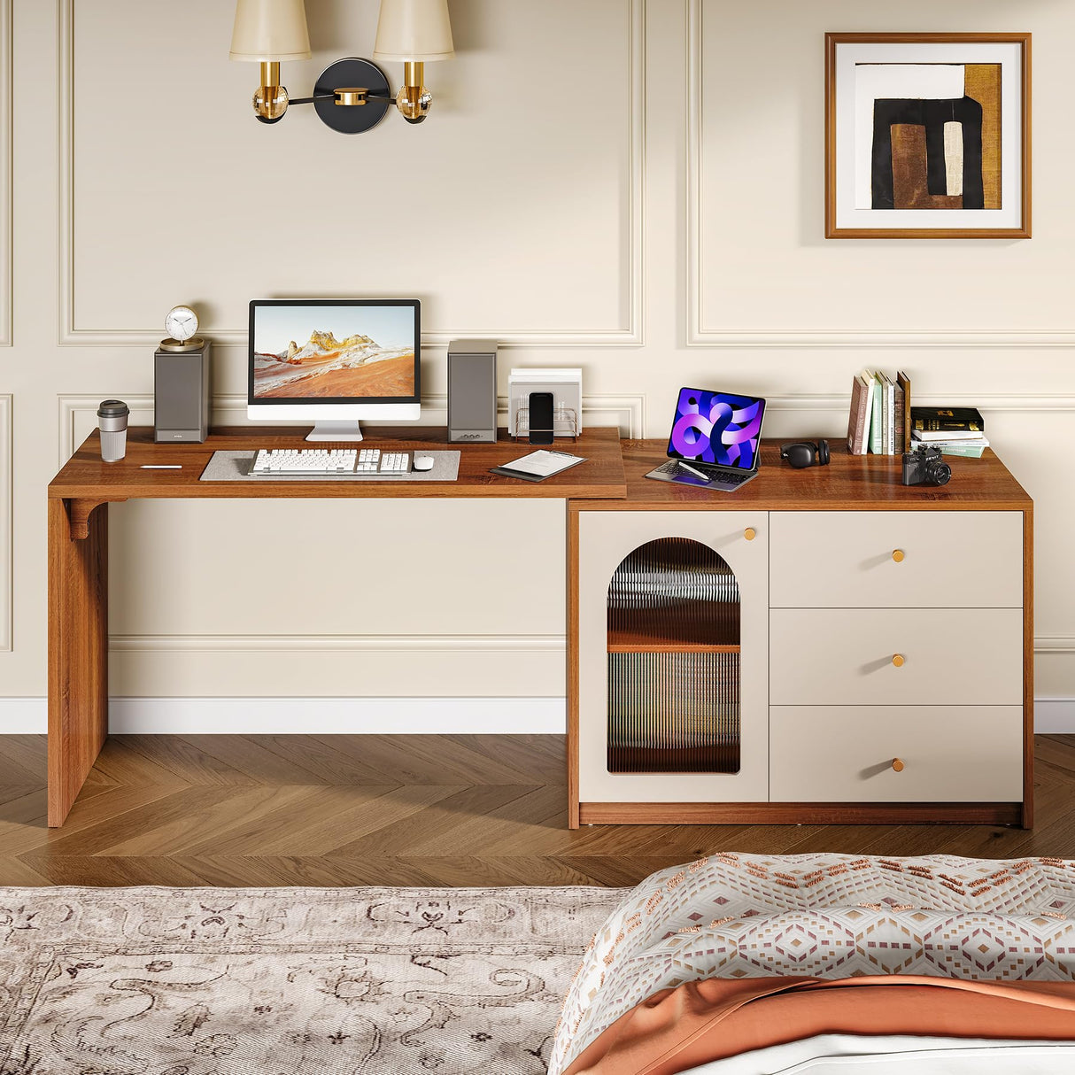 LITTLE TREE L-Shape Computer Desk, Corner Desk Writing Desk Study Desk with File Cabinet, Extendable PC Study Desk Corner Table, Home Office Corner Desk, Easy to Assemble, Brown LITTLE TREE