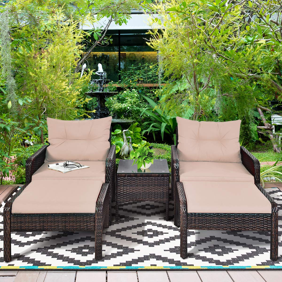 Tangkula Wicker Furniture Set 5 Pieces PE Wicker Rattan Outdoor All Weather Cushioned Sofas and Ottoman Set Lawn Pool Balcony Conversation Set Chat Set - WoodArtSupply