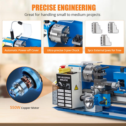 Mini Metal Lathe, 7"x14" Benchtop Lathe, 550W Variable Speed with Tool Box, A Movable Lamp and Digital Display, 2500RPM, 3-Jaw Chuck, CNC Capability for Metal Turning - WoodArtSupply