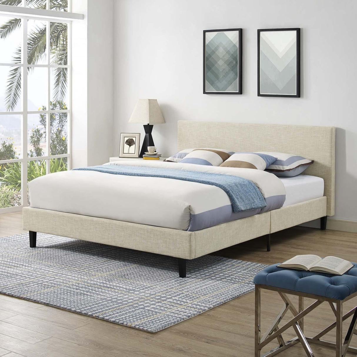 Modway Anya Upholstered Beige Platform Bed with Wood Slat Support in Queen Modway