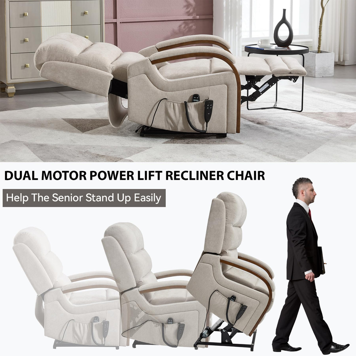RHHVVR Dual Motor Power Lift Recliner Chair, 350 lbs Electric Recliners with Massage and Heat, Solid Wood Armrest Back Footrest Adjustable Living Room Chair for Elderly, Beige RHHVVR