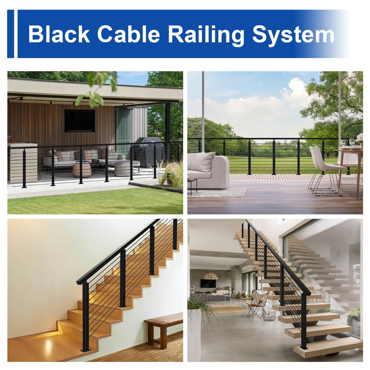 BLIKA Complete Set 36" Cable Railing Post Kit(Post 35"x2"x2"), Black Level Drilled Cable Railing Post, Swageless Deck Railing System Kit Include 4Pack Level Posts,1/8" Stainless Cable(No Handrail) BLIKA