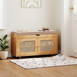 PETKABOO Rattan Shoe Storage Bench,Bamboo Entryway Bench, 2-Tier Shoe Rack,35.4" W x 12.6" D x 19.7" H with 2 Doors & Padded Seat Cushion for Entryway, Living Room, Bedroom, Natural PETKABOO
