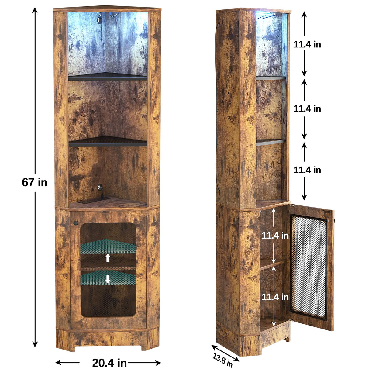 Hyomdeck 67-Inch Tall LED Corner Shelf with Charging Station - 5-Tier Rustic Brown Bookcase for Living Room, Kitchen, or Home Office Hyomdeck
