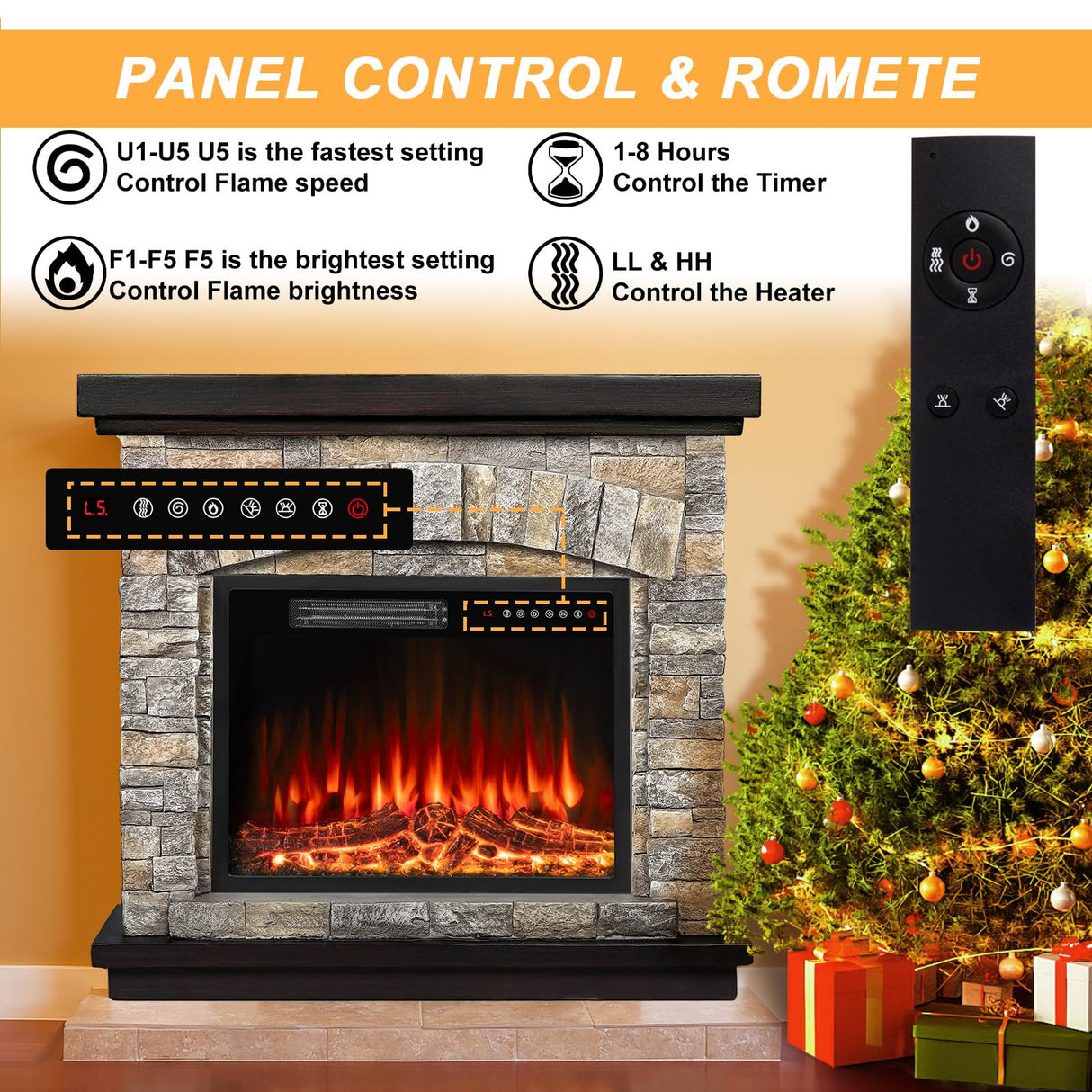 BOSSIN 36" Electric Fireplace with Mantel, 23 inch Electric Fireplace Insert, TV Stand Freestanding Heater with Remote Control Timer LED Flame for Living Room Bedroom,Faux Stone Gray BOSSIN