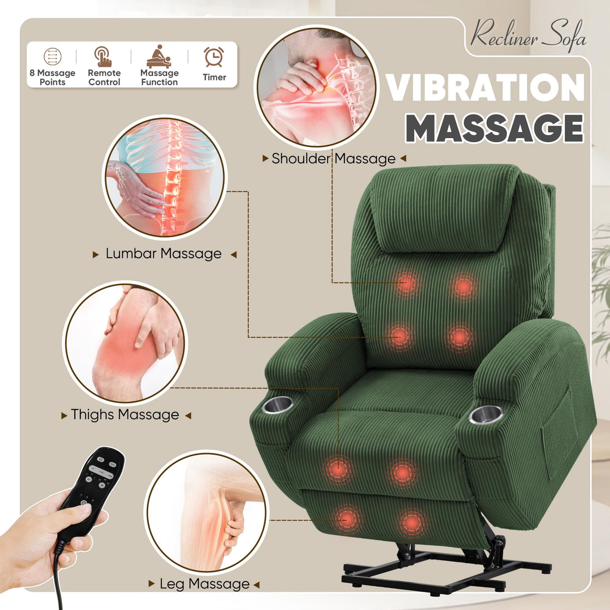 VICTONE Electric Power Lift Recliner Chair for Elderly Reclining Sofa for Living Room with Massage, Side Pockets and Cup Holders (Corduroy, Green) VICTONE