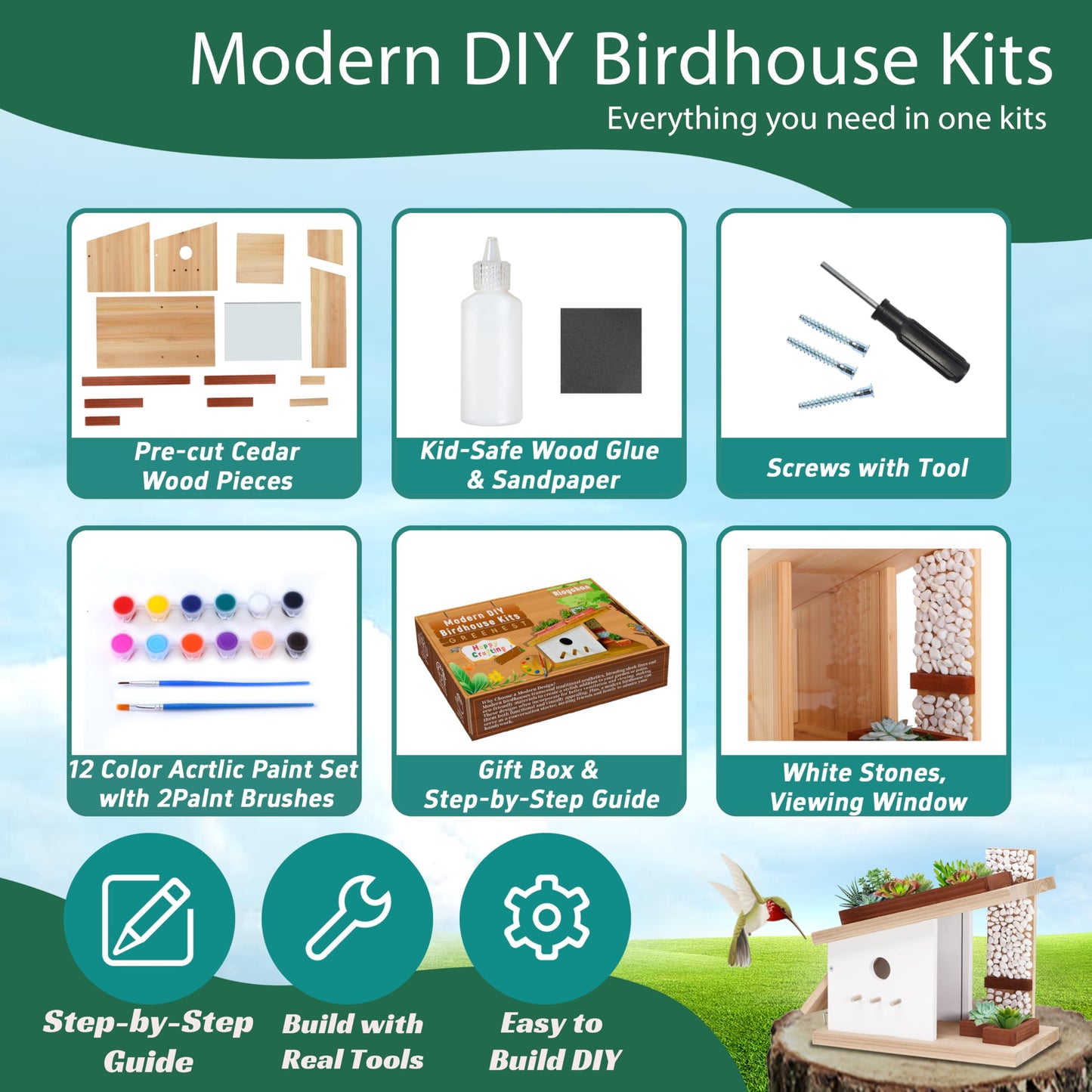 Modern Birdhouse Woodworking Kit, Build Your Own DIY Bird House Kit for Kids and Adults, DIY Woodcraft Building Projects with Paint Set