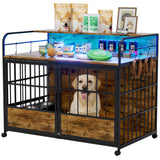 WARCAT Large Furniture Dog Crate, Heavy Duty Dog Crate, Dog Kennel Indoor, Wood Dog Cage Table with Adjustable Lighting Color, Sturdy Metal, 44" L×26" W×37" H, Brown WARCAT