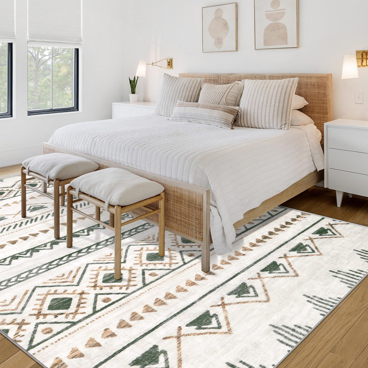 Area Rug for Living Room 9x12: Large Washable Boho Moroccan Rugs Geometric Neutral Rug, Non-Slip Foldable Morden Farmhouse Indoor Floor Carpet for Bedroom Dining Table Home(Brown Green,9'x12') Aoyaomi