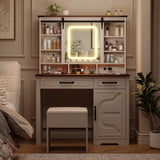 Farmhouse Makeup Vanity Desk with Sliding Mirror and Lights and Charging Station, White Vanity with Shelves and Drawers and Storage Cabinet, Make Up Vanity Desk with Cushioned Stool for Bedroom Befrases