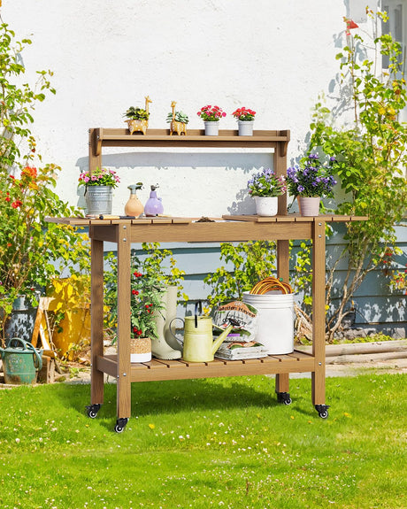 HDPS Outdoor Potting Bench with Sliding Tabletop/ 4 Wheels/Removable Sink, All-Weather Outside Garden Work Table, No Rust/Fade/Break, Potting Station for Porch, Patio & Backyard (Teak) ONBRILL