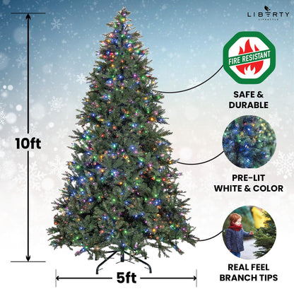 Liberty Lifestyle Christmas Tree 10 ft- Pre-Lit White and Multi-Color Premium LED Lights - Artificial Full Christmas Tree Includes Stand, Remote, and Free Bag