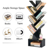 Hoctieon 6 Tier Tree Bookshelf, Tall Bookcase with Drawer, Freestanding Book Shelf, Display Floor Standing Storage Shelf, Book Organizer Shelves for Home Office, Living Room, Bedroom, Black Hoctieon
