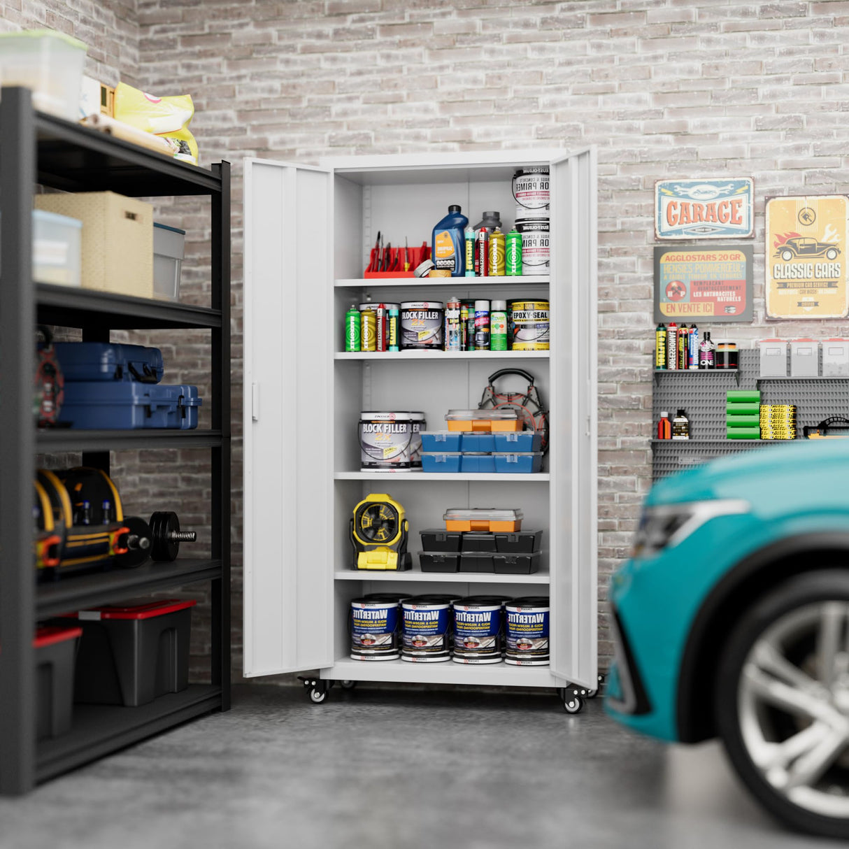 Aobabo 73''H Garage Storage Cabinet with Wheels,Office Storage Cabinet with Lock,Steel Cabinet with 2 Doors and 4 Adjustable Shelves for Garage Office,Required-Assembly White Aobabo