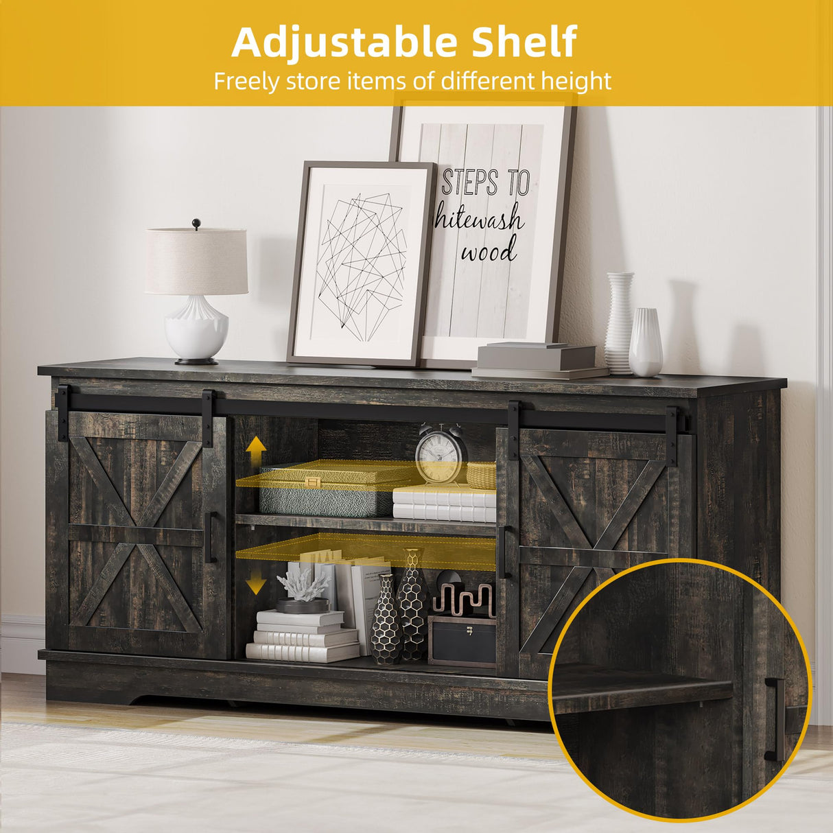 DWVO TV Stand for TVs up to 65 Inch, Farmhouse Entertainment Center with Storage Cabinets and Sliding Barn Doors, Rustic Media TV Console Table for Living Room, Dark Rustic Oak DWVO