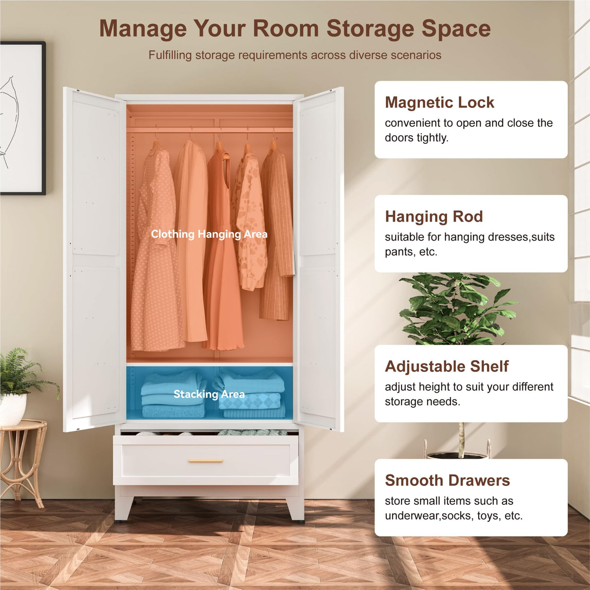 YAUWOH Farmhouse Wardrobe Cabinet with One Drawers,Metal Wardrobe Closet with Hanging Rod,Metal Armoire with Adjustable Shelves for Bedroom,Cloak Room,Office (White) YAUWOH