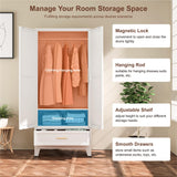 YAUWOH Farmhouse Wardrobe Cabinet with One Drawers,Metal Wardrobe Closet with Hanging Rod,Metal Armoire with Adjustable Shelves for Bedroom,Cloak Room,Office (White) YAUWOH