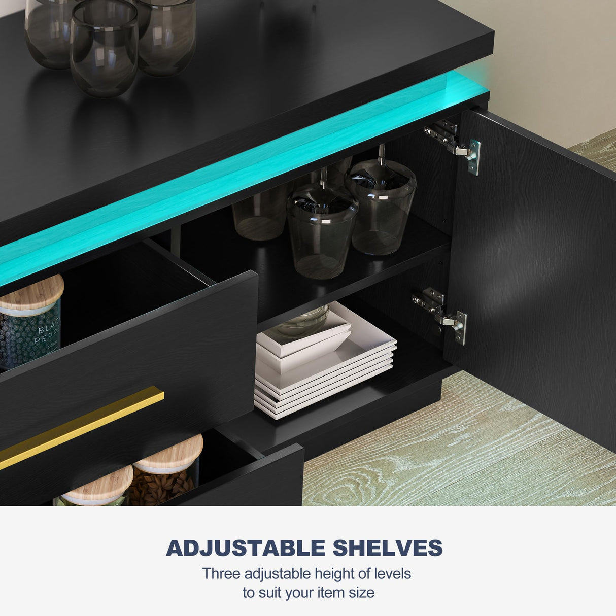 BELLEZE 67" TV Stand for TV up to 75", Modern Entertainment Center with LED Lights Change to Melody of Music, Media Console Table with Cabinets and Drawers for Living Room, Bedroom - Studio (Black) BELLEZE