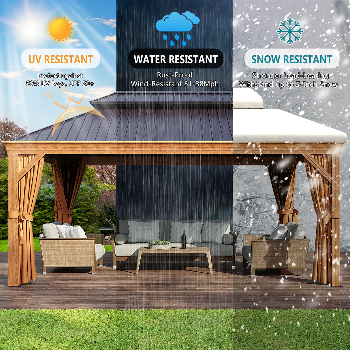 Jolydale 12' x 16' Gazebo, Wooden Finish Coated Aluminum Frame Canopy, Galvanized Steel Double Top, Outdoor Permanent Metal Pavilion with Privacy Curtains and Netting, for Patio, Deck and Backyard Jolydale