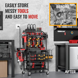 Power Tool Organizer Cart with Charging Station, Garage Floor Standing Rolling Drill and Tools Battery Storage Cart on Wheels, Rolling Tool Cart with 6 Outlet Power Strip FULOOPHI