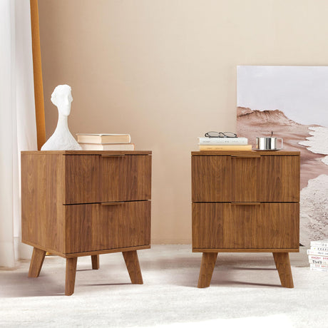 Nightstands Set of 2 with Drawers, Modern Large Striped Bed Side Table with 2 Drawers, Mid Century Modern Night Stand with 2 Drawers, Bedside Table End Table with 2 Drawers & Solid Wood Legs (Walnut) affeivul