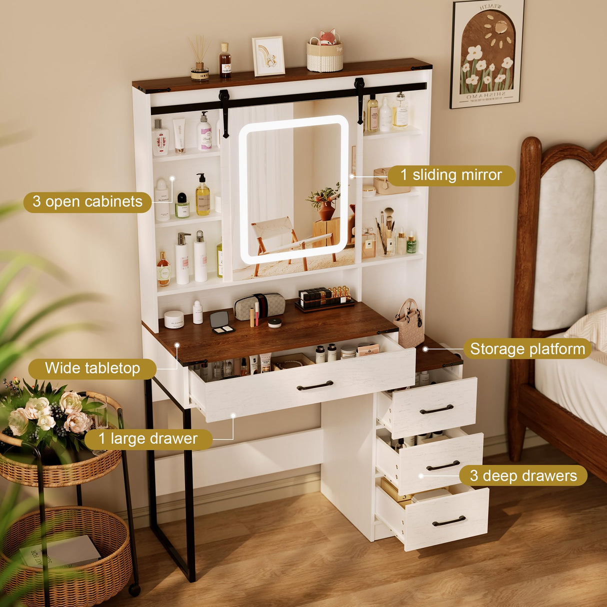 NUNU LAB Farmhouse Women Vanity Desk with Sliding Mirror and Lights, Rustic Big Makeup Table with Charging Station, Drawers, Cabinets, and Adjustable Shelves for Bedroom 42'', Brown NUNU LAB