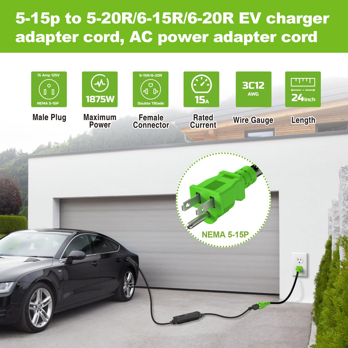 EVMaster 12AWG 15 Amp Household AC Plug to 20 Amp T Blade Adapter Cable, Nema 5-15P to 5-20R/6-15R/6-20R EV Charger Adapter Cord AC Power Adapter Cable, 4 in 1 AC Adapter, 2 Feet EVMaster