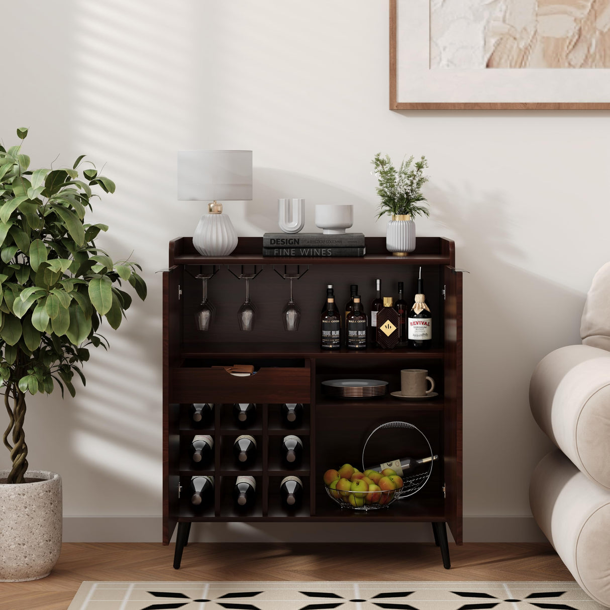 COCO DESIGN Modern Wine Bar Cabinet with Fluted Door, Glass Holder & Drawers, Farmhouse Coffee Cabinet with Removable Wine Rack & Adjustable Shelf, Exquisite Liquor Cabinet for Living Room, Walnut COCO DESIGN