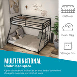 Furniture of America Dravenor Modern Metal Twin Over Full Low Profile Bunk Bed with Reversible Ladder and Twnty-Two Slats, No Box Spring Required, for Kids, Bedroom, Dorm, Black Furniture of America