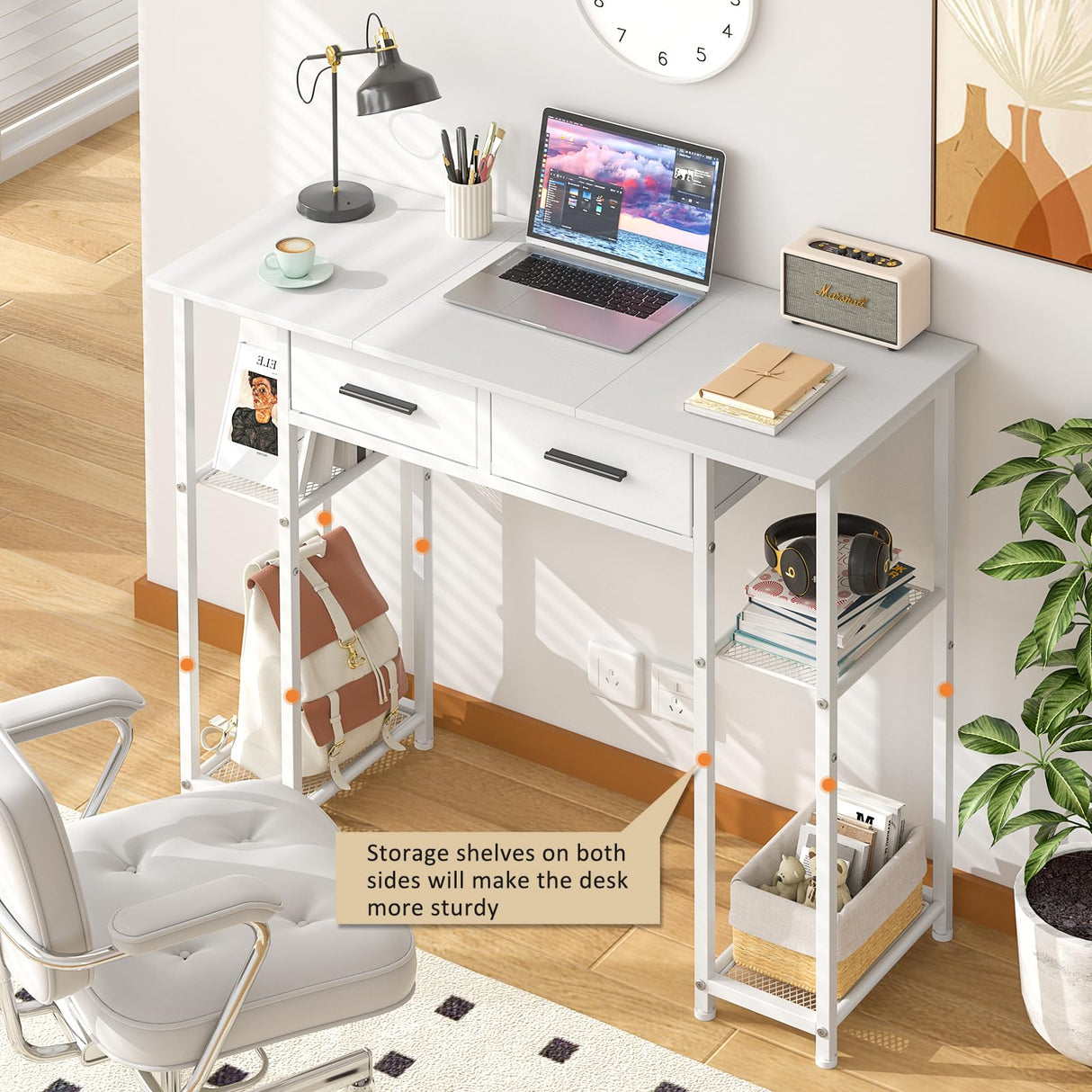 DAOUTIME White Computer Desk with Drawers, 37.3 Inch Home Office Work Desk with Storage Shelf, Kids Teens Study Table for Small Space, Small Writing PC Table for Bedroom Makeup Vanity Desk DAOUTIME