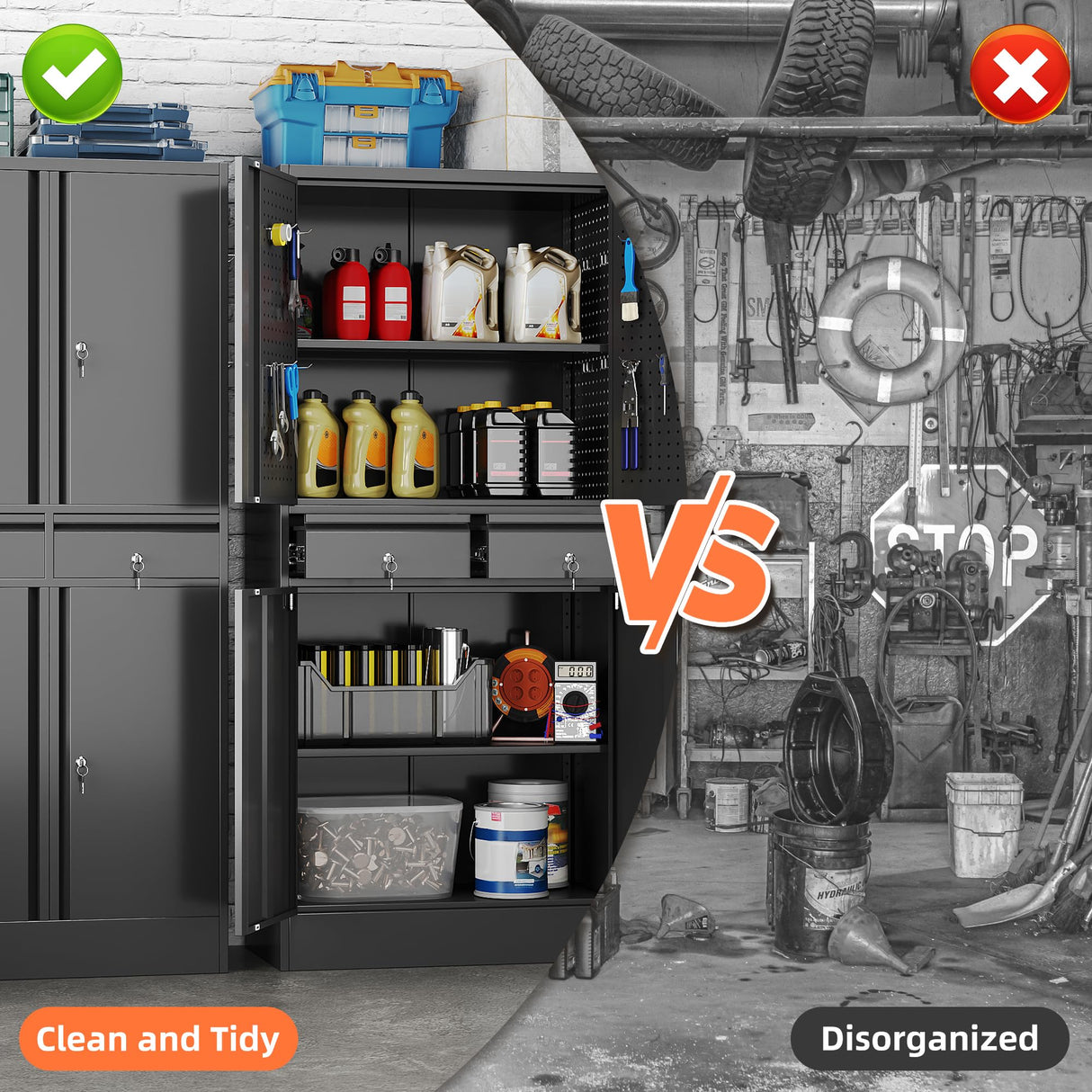 Aobabo 71" H×30" W×15" D Metal Storage Cabinet with 2 Drawers, Locking Steel Storage Cabinet with 2 Adjustable Shelves and 8 Hooks for Garage, Office, Black, Assembly Required Aobabo