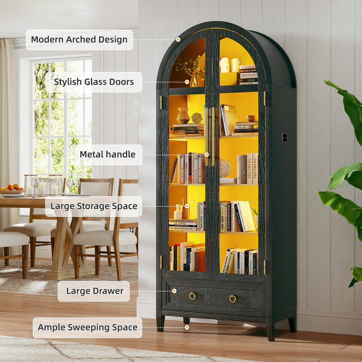 MDGC Arch Display Cabinet with Glass Doors, 4-Tier Curio Cabinet Shelves and a Drawer,73" Inch Tall LED Display Case for Collectibles,Bookcase for Bedroom Living Room Office,Black MDGC