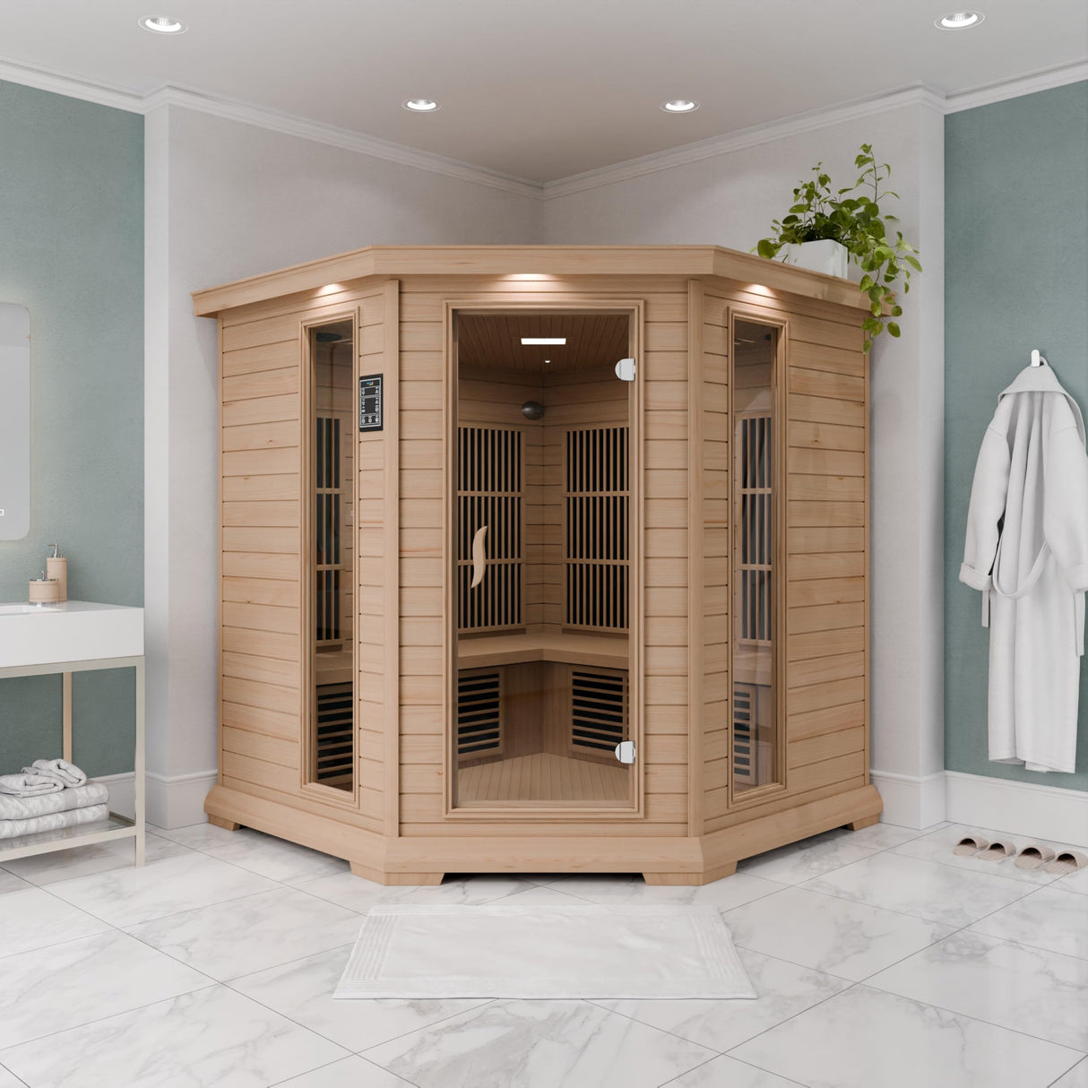 SteamSpa 1-5 Person Low EMF Carbon FAR Infrared Hemlock Wood and Tempered Glass Indoor Home Sauna Room with LED Touch Control Panel, Color LED Therapy Light, Bluetooth Speaker, Oxygen SteamSpa