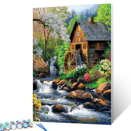 Paint by Number Forest Hut Surrounded by Flowers and Trees Waterfall DIY Painting On Canvas with Brushes Acrylic Paints Perfect for Paint by Numbers for Adults and Kids Students Beginner 16x20 Inch Tucocoo