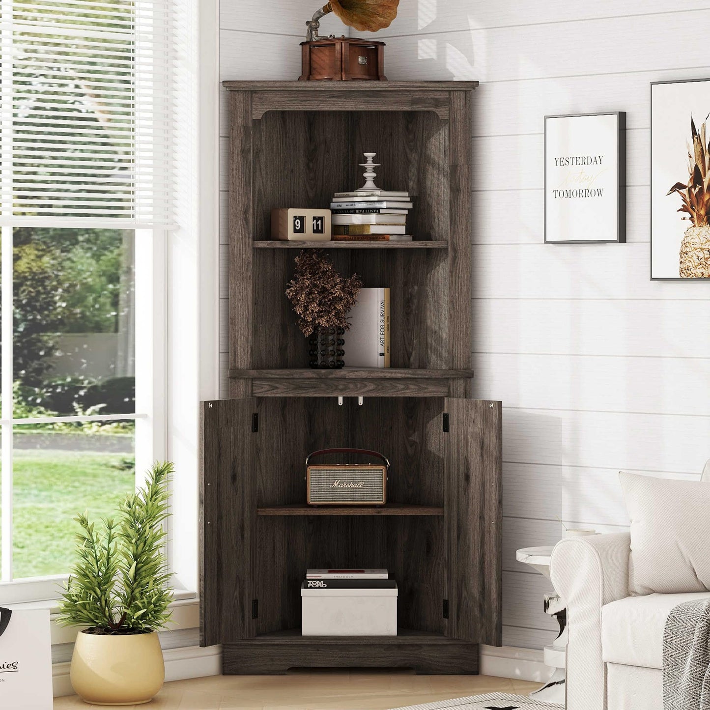 VERYKE 69 Inch Tall Farmhouse Corner Cabinet,Freestanding Storage Cabinet with 2 Doors and 5 Shelves,Wood Corner Storage Cabinet for Kitchen,Bathroom,Living Room,Dark Walnut