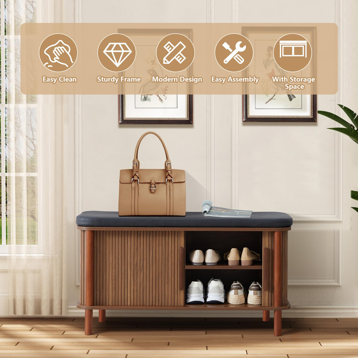 QEIUZON Shoe Bench, Entryway Shoe Cabinet with Leather Cushion and Sliding Door, Modern Shoe Storage Organizer for Living Room, Hallway (Walnut) QEIUZON