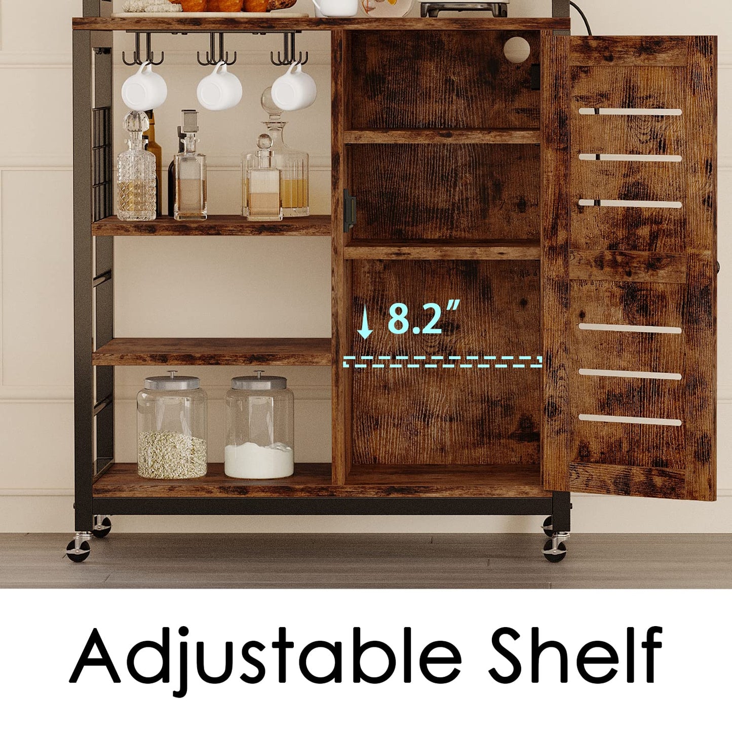 IRONCK Vintage Brown Bakers Rack with Power Outlets, Wheels, and Storage Cabinet - WoodArtSupply