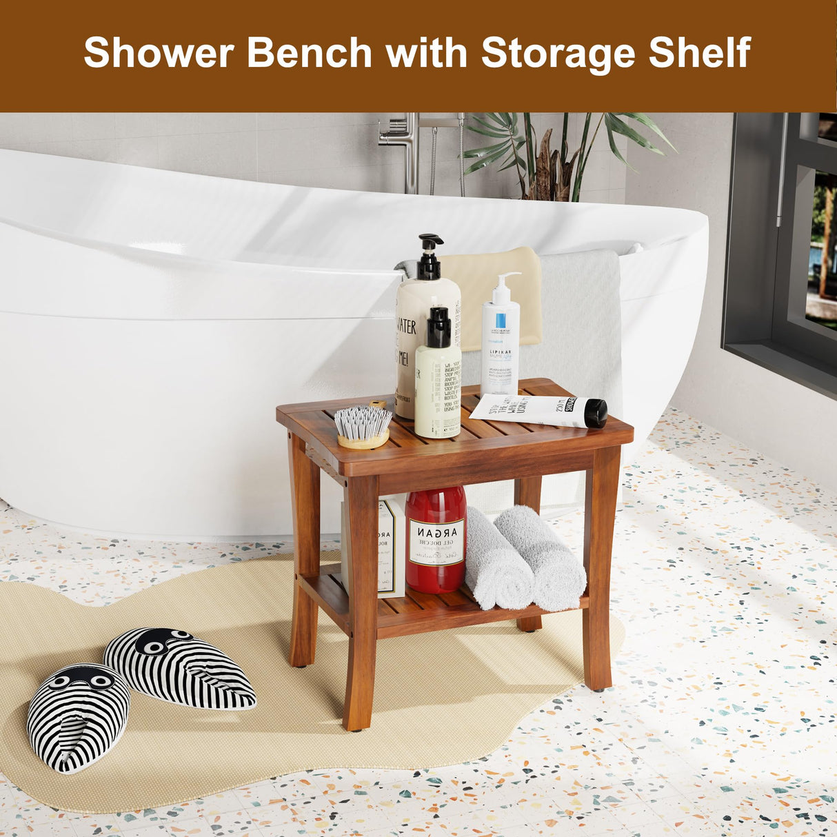 Teak Wood Shower Bench Stool with Storage Shelf, Wooden Waterproof Bathroom Spa Bathing Teak Shower Stool with Non-Slip Feet Gadget 2024 for Indoor or Outdoor Shower Chair Seat Organizer Greenual