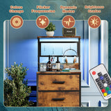 EKNKOZY Nightstand 5 Drawer Dresser with LED Lights, Charging Station, Metal Mesh Shelf with Hooks, Vertical Side Table with Fabric Drawers, End Table, Tall Dresser for Bedroom, Entryway, Rustic Brown EKNKOZY