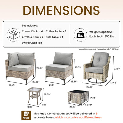 CAODOC 11 Pieces Outdoor Patio Furniture Set, Rattan Wicker Sectional Swivel Rocker Chairs Sets with Solar powered coffee table and Swivel Glider Chairs - WoodArtSupply