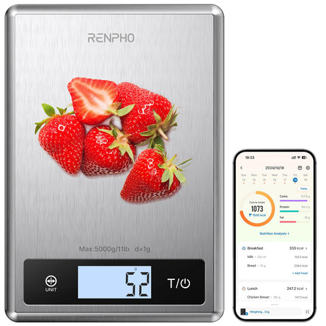 RENPHO Digital Food Scale with Nutritional Calculator, Smart Food Kitchen Scale, Food Weight Scale Grams and Ounces for Weight Loss, Calorie, Macro and Cooking, Stainless Steel RENPHO