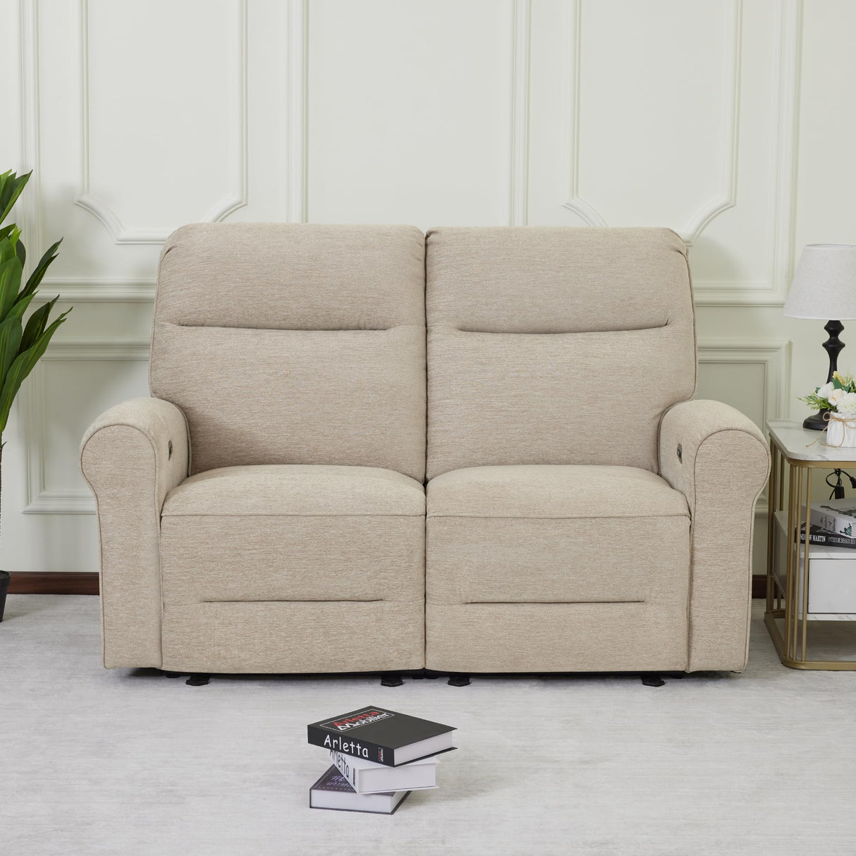 MCombo 64.6" Wall Hugger Power Loveseat Recliner Sofa with USB Ports, Reclining Loveseat for Small Spaces Living Room RV, Fabric PR635M1 (Beige) MCombo