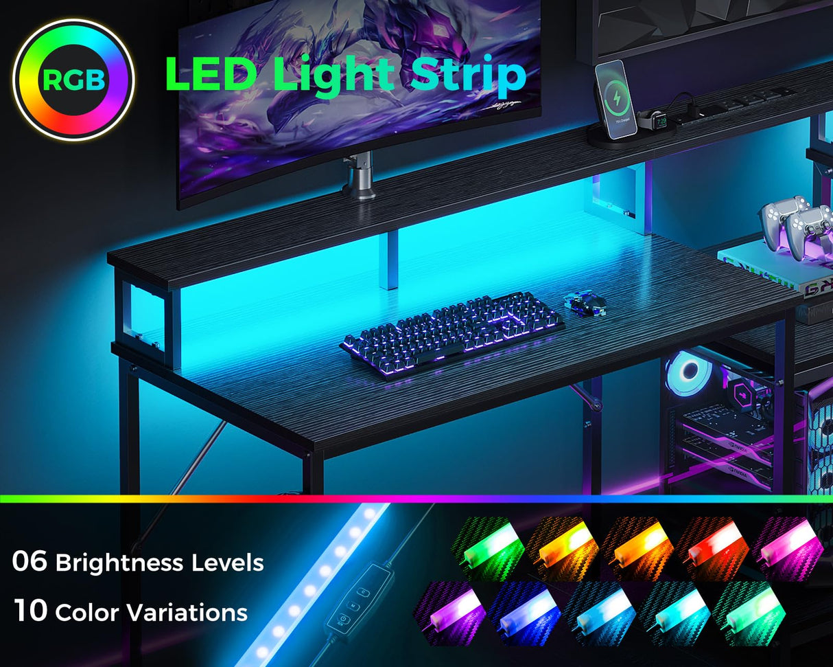 Coleshome 98 Inch 2 Person Gaming Desk with Storage Shelves- Long Double Home Office Computer Desks with USB Charging Port & LED Lights, Writing Desk with Monitor Stand, Modern Study/Work Table, Black Coleshome