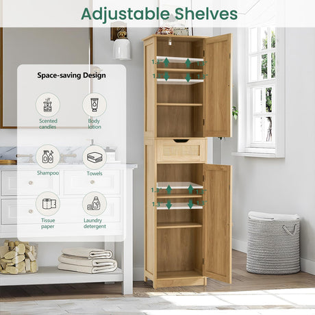 Iwell Tall Bathroom Cabinet with Doors, Rattan Storage Cabinet with Adjustable Shelves, Freestanding Narrow Linen Cabinet for Living Room, Entryway, Kitchen, Home Office, Natural Iwell