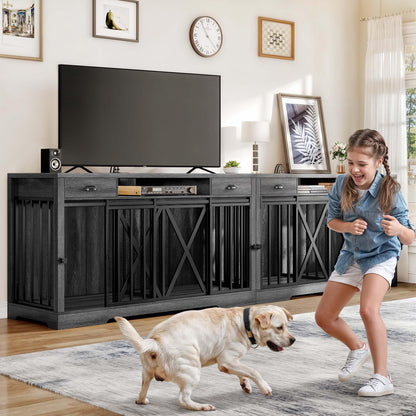 DWVO 63 Inch Double Dog Crate Furniture for 2 Dogs, Heavy Duty Wooden Dog Crate TV Stand with Charging Station, Dog Kennel Indoor Furniture Double Sliding Barn Door Design Ideal for 2 Dogs, G - WoodArtSupply